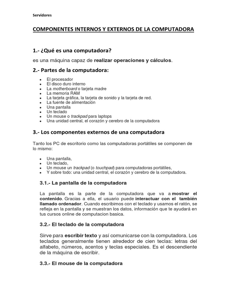 Componentes Internos y Externos de La Computadora | PDF ...