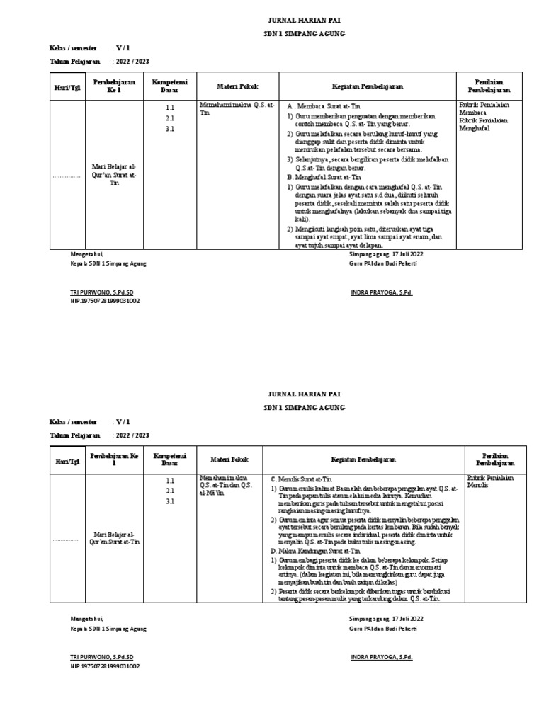 Jurnal Harian Kelas 5 Pdf