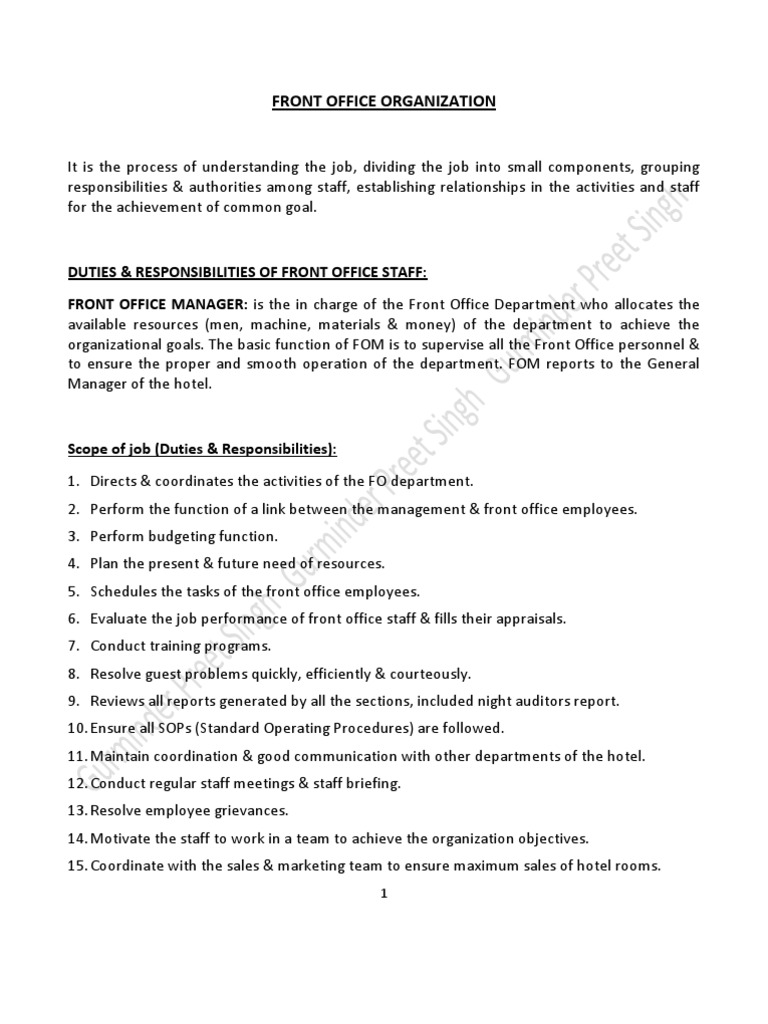 Duties & Responsibilities Of Front Fice Staff