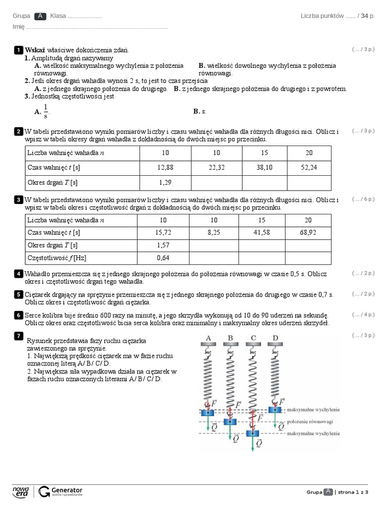 Sprawdzian Ruch Drgający świat Fizyki 3.18 Ruch Drgajacy Test Z Widoczna Punktacja | PDF