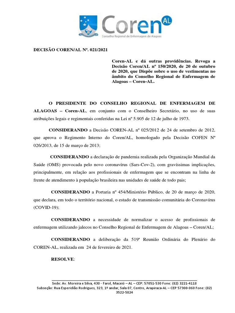 DECISÃO COREN/AL SOBRE USO DE JALECOS | PDF | Enfermagem