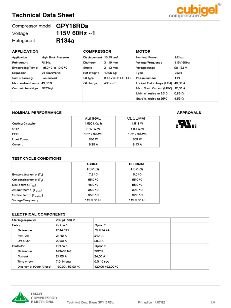 GPY16RDa Compressor Technical Data Sheet | PDF