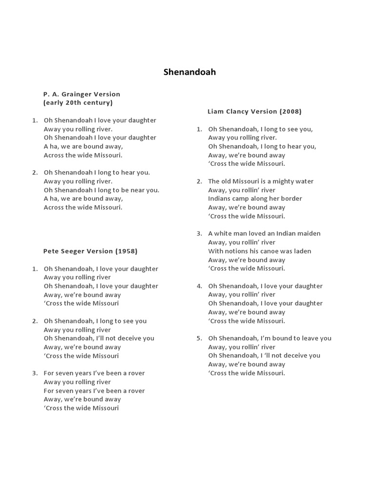 Shenandoah Lyrics PDF