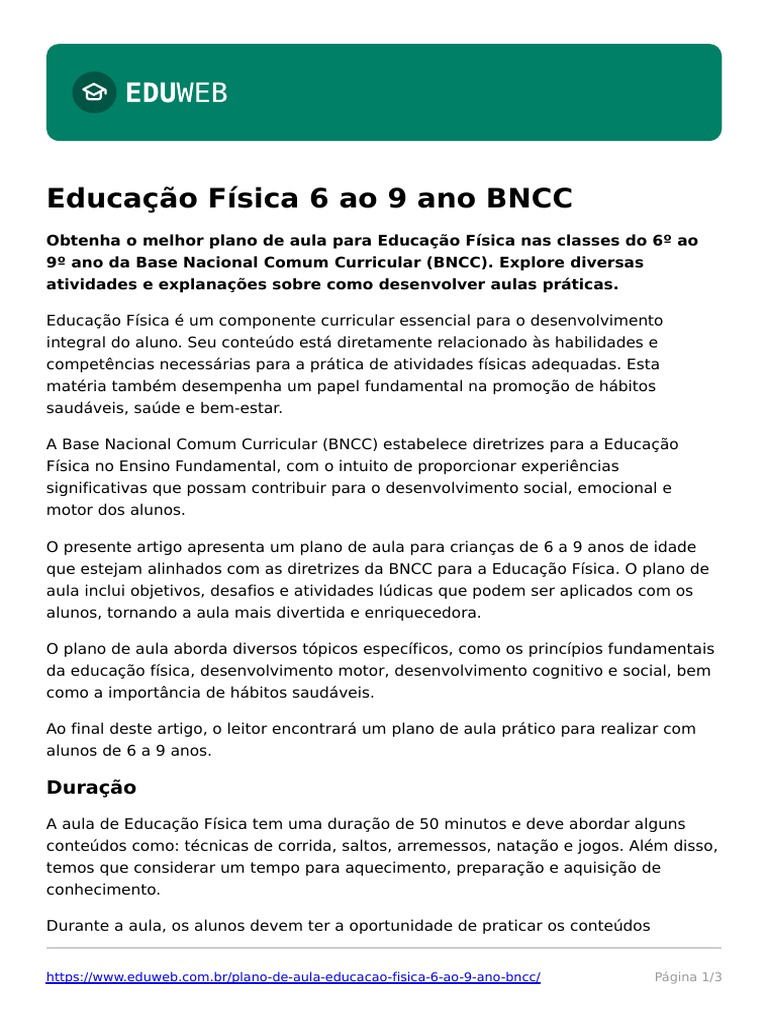 Plano de Aula Educacao Fisica 6 Ao 9 Ano BNCC | PDF | Educação Física ...