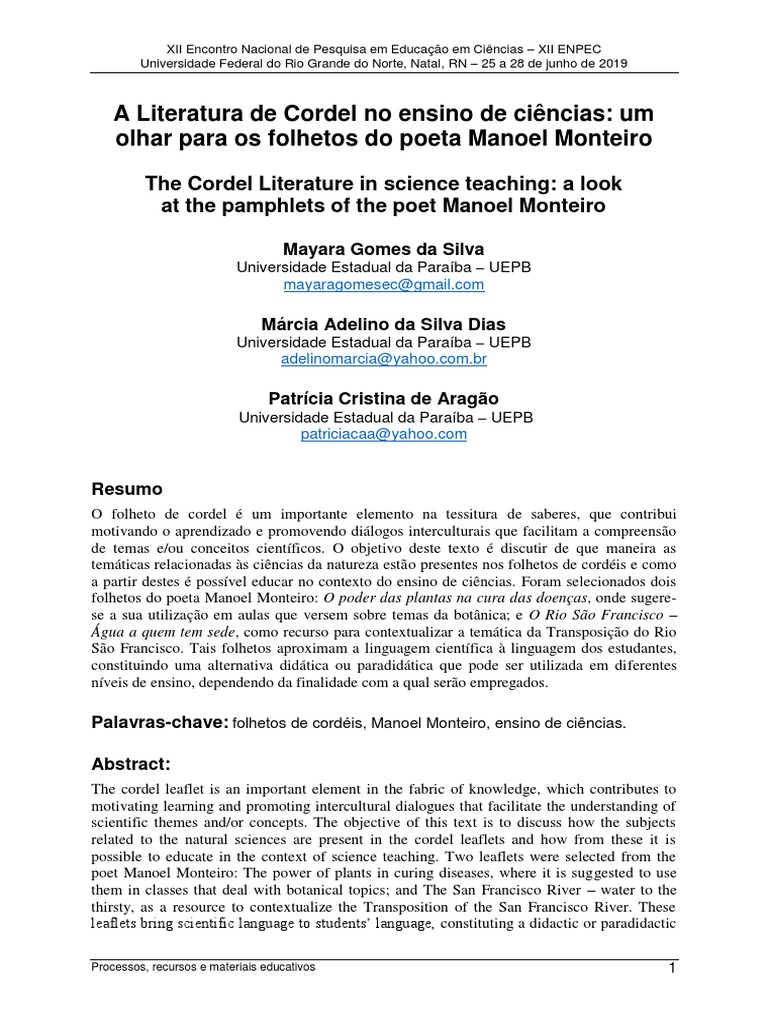 Cordel de Manoel Monteiro no Ensino de Ciências | PDF | Science ...