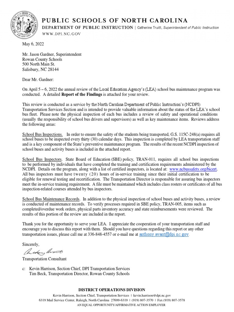Rowan-Salisbury Schools Bus Inspection Report | PDF | Bus | School Bus