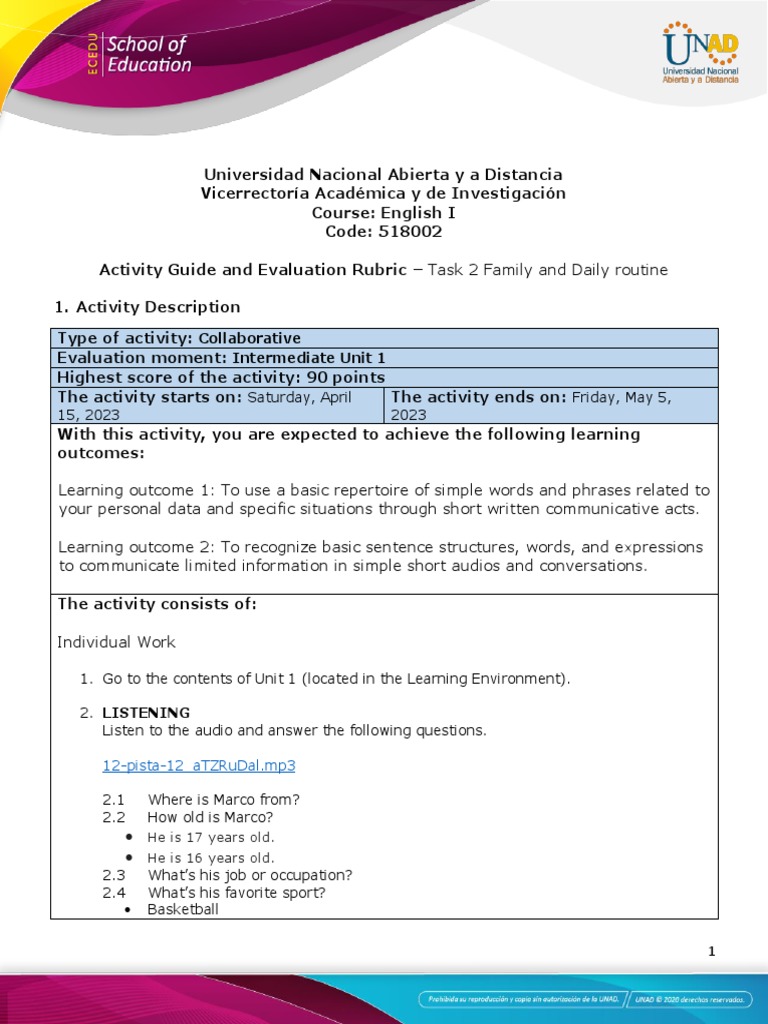 Family and Daily Routine Activity Guide | PDF | Reading Comprehension ...