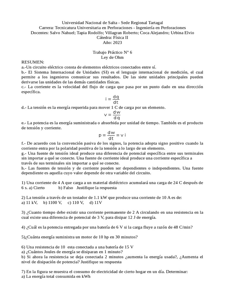 TP6 Ley de Ohm | PDF | Corriente eléctrica | voltaje