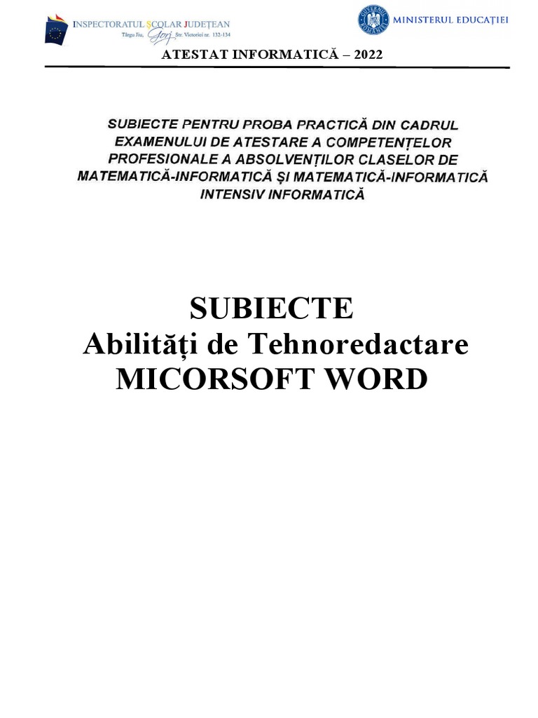 Subiecte Atestat Word 2022 | PDF