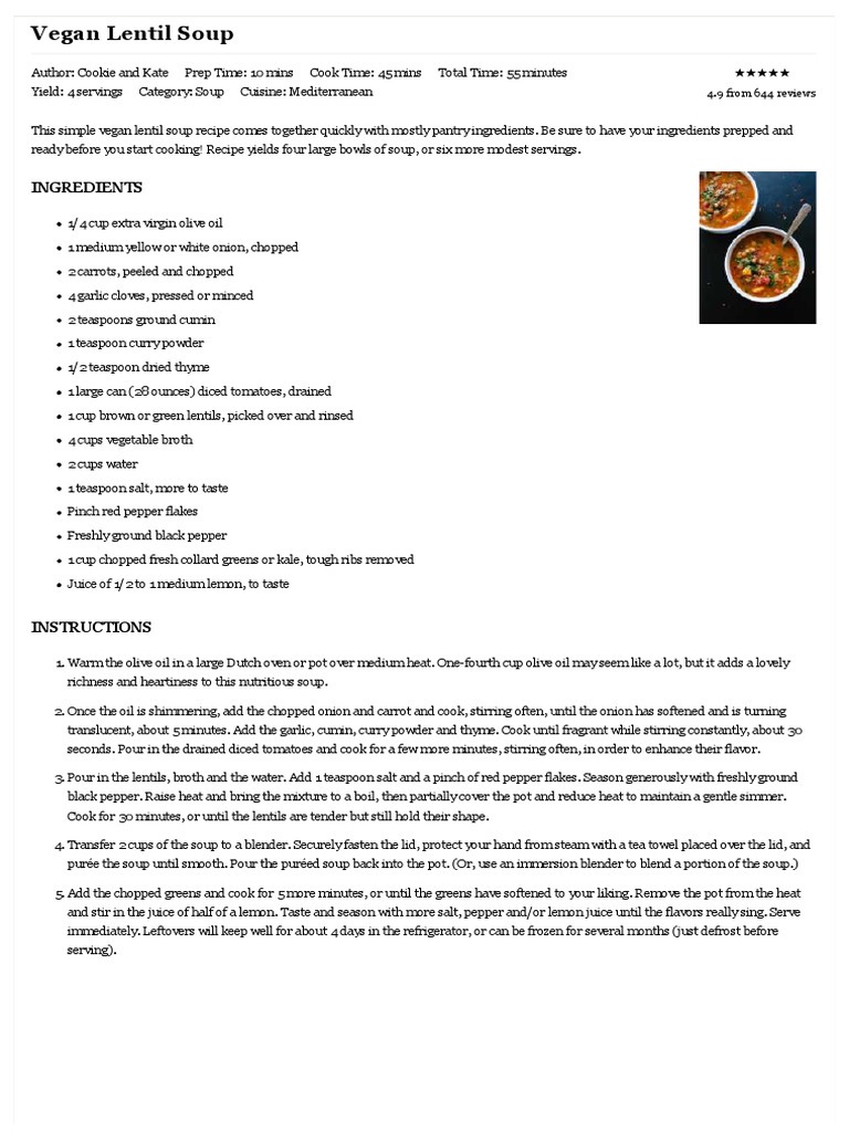 Best Lentil Soup Recipe Cookie and Kate PDF