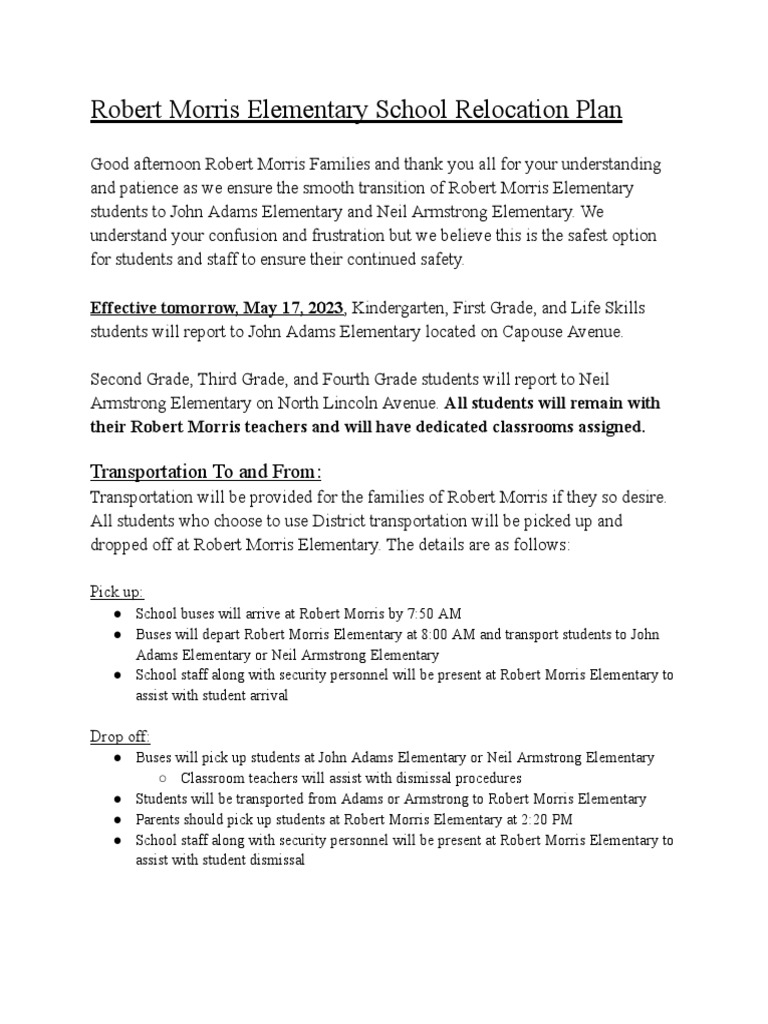 Robert Morris Elementary Transition Plan | PDF | Schools | Behavior ...