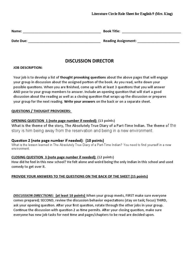 Lit Circle Role Sheets For Eng 9 1018 PDF