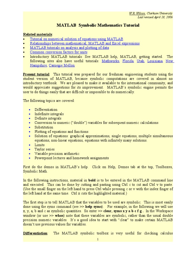 MATLAB Symbolic Mathematics Tutorial: Related Materials | PDF | Matlab ...