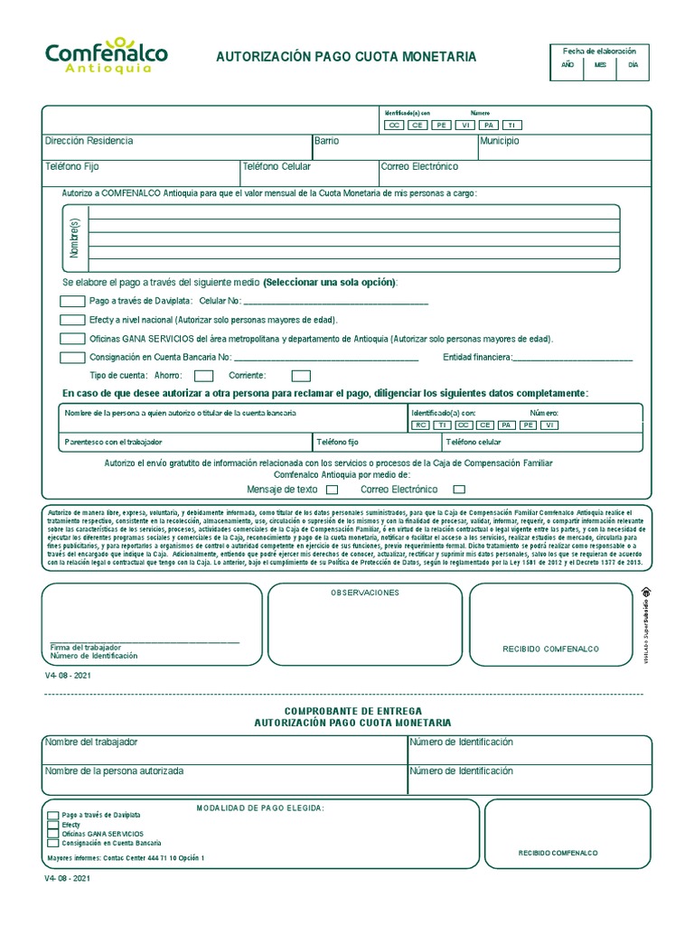 Formato Autorización Pago Cuota Monetaria Nov 2022 Vf Pdf