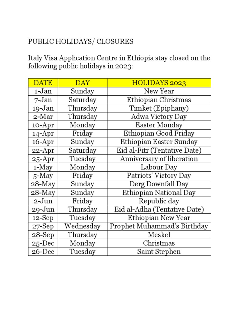 Public Holidays Italy Ethiopia 2023 EN - 1 | PDF