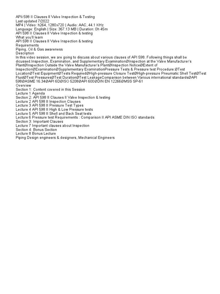 APIi 598 II Clauses II Valve Inspection & Testing | PDF