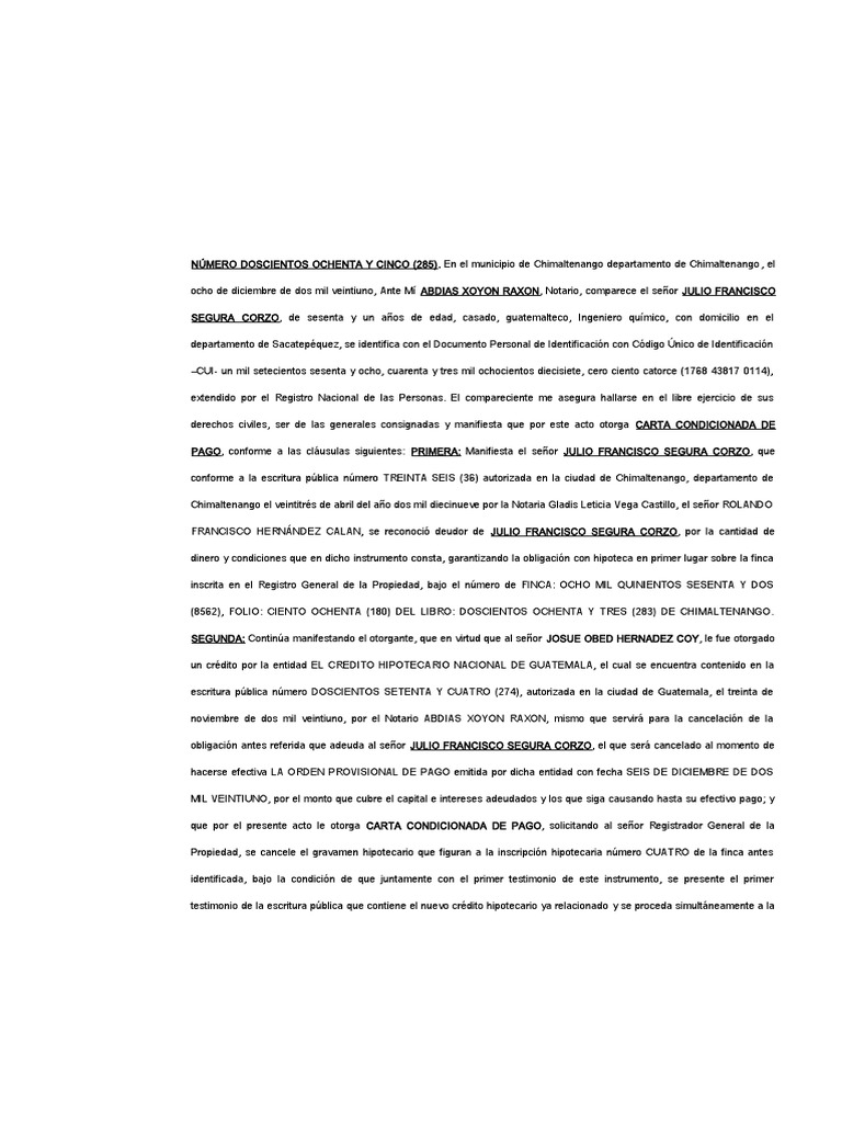 Minuta Carta Condicionada de Pago Josh | PDF