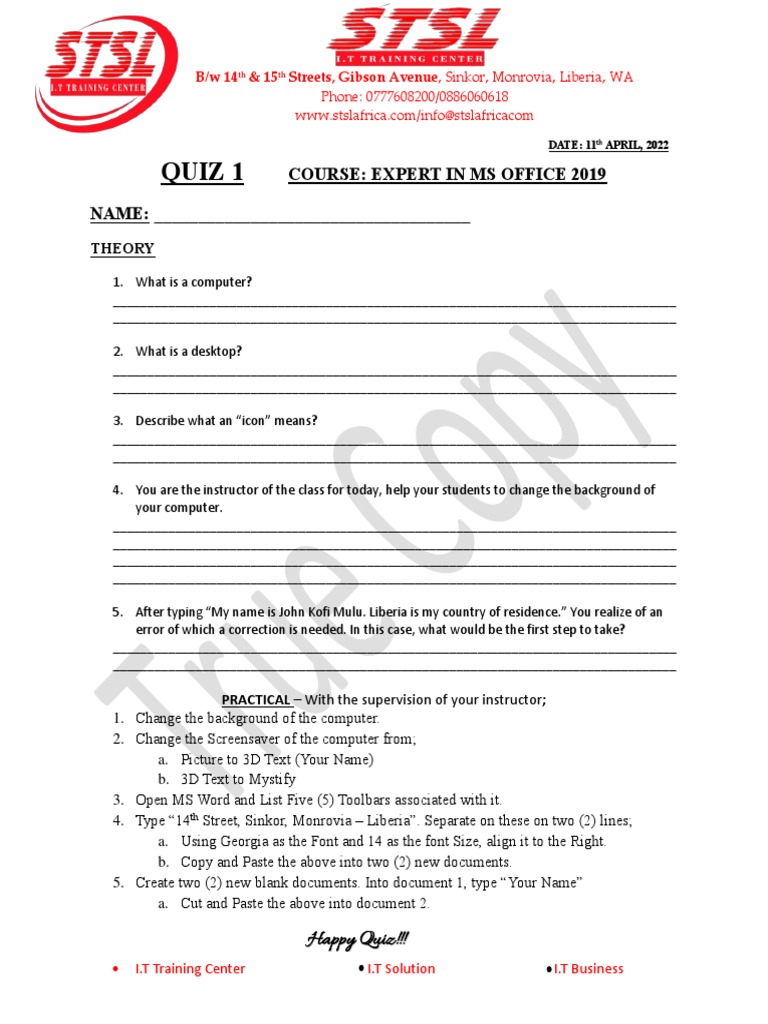 Expert in MS Office Quiz 1 PDF