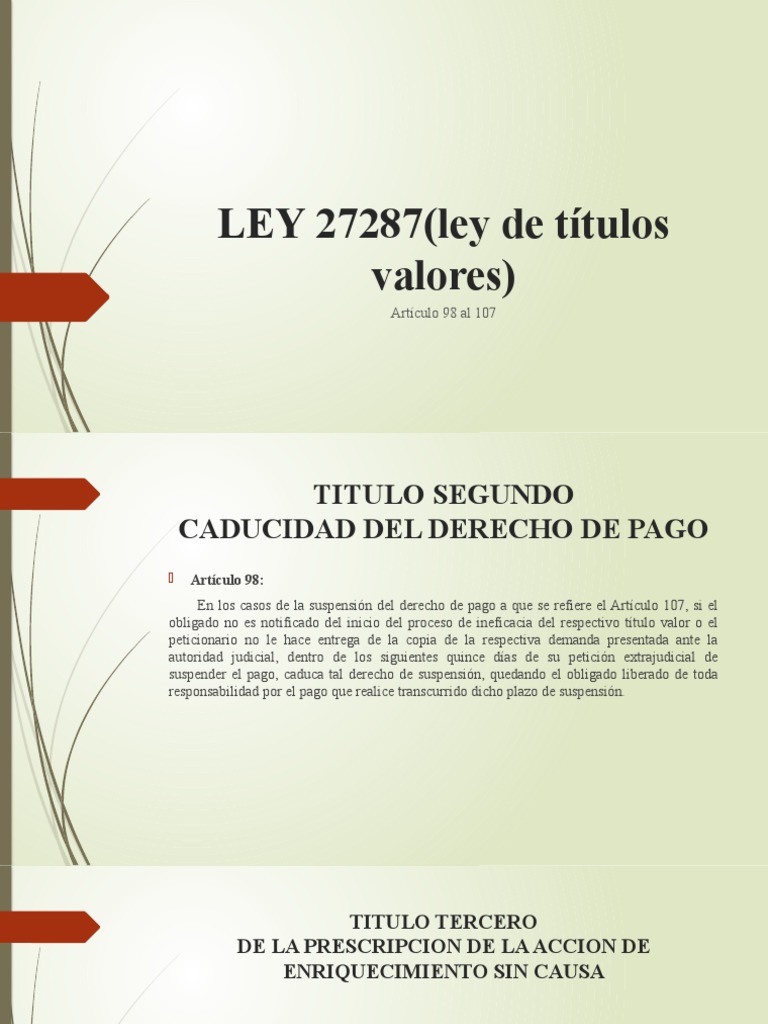 LEY 27287(ley de títulos valores) | PDF | Estatuto de limitaciones ...