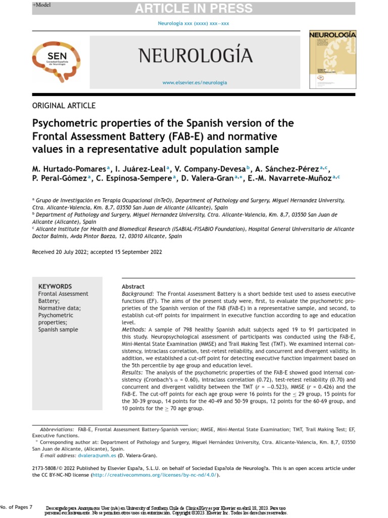 Psychometric Properties of The Spanish Version of The FAB-E | PDF