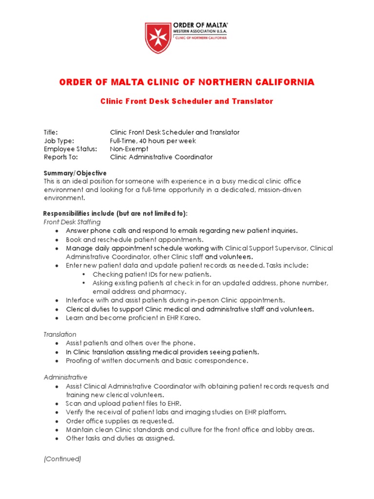 OOM Front Desk and Translator Job Description Final Posting PDF Electronic Health Record