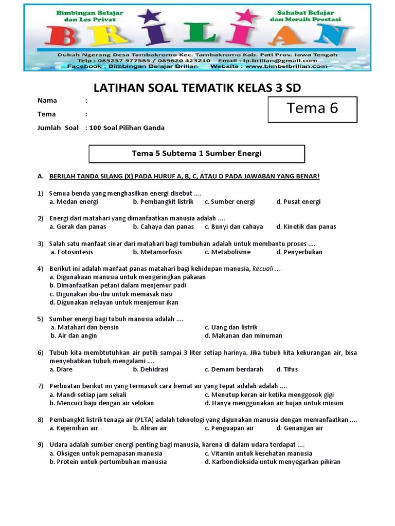 Soal kelas 3 tema 6