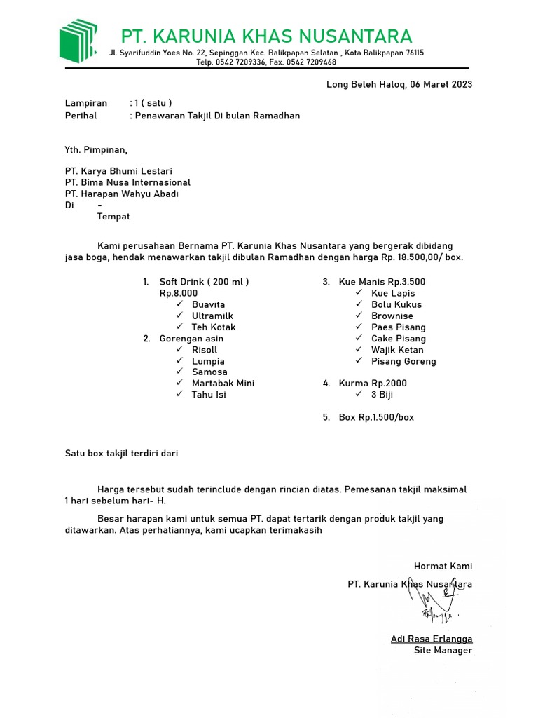 Surat Penawaran Takjil | PDF