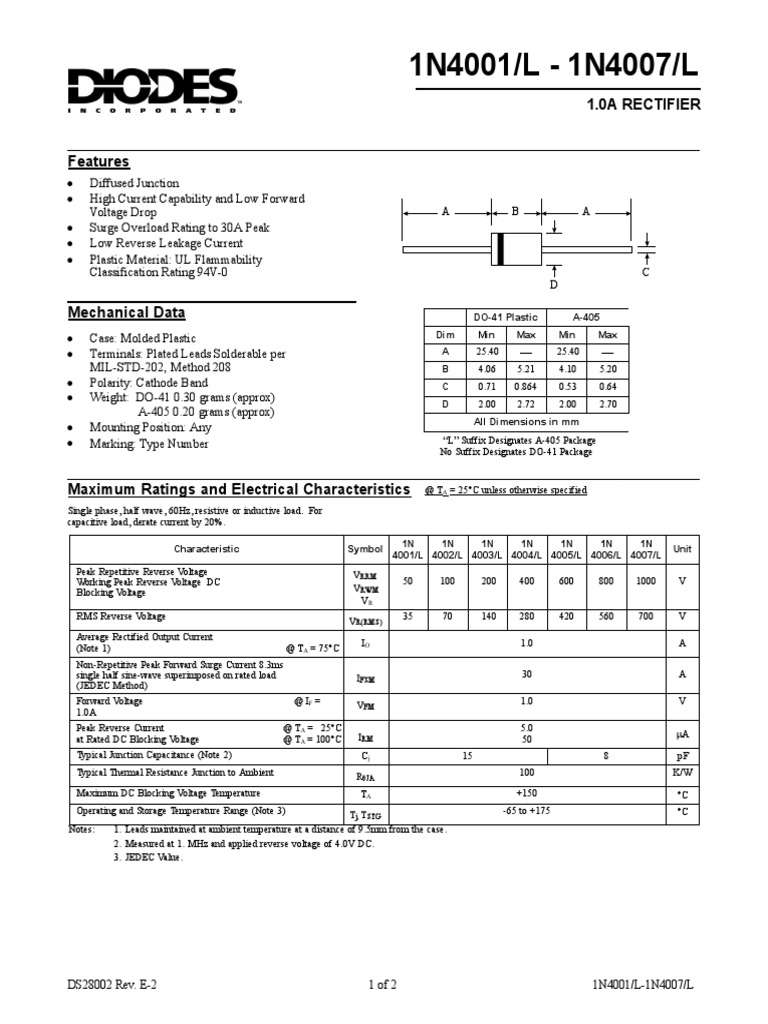 1N4001/L 1N4007/L 1.0A RECTIFIER Technical Specifications and
