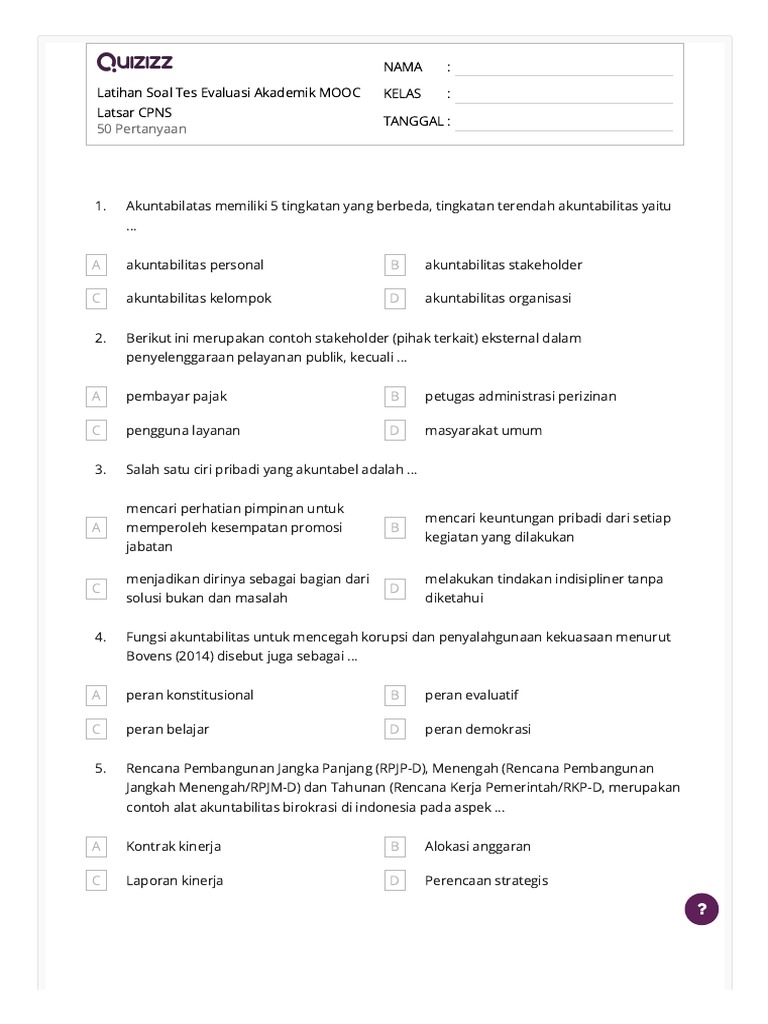 50 Pertanyaan: Latihan Soal Tes Evaluasi Akademik MOOC Latsar CPNS Nama