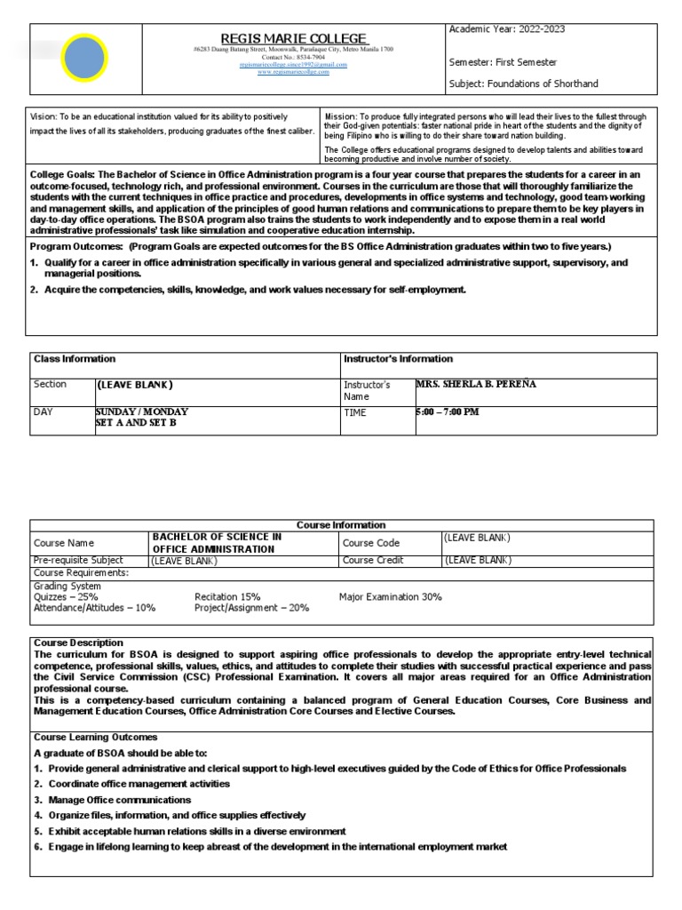 RMC COURSE SYLLABUS Foundation of Shorthand PDF