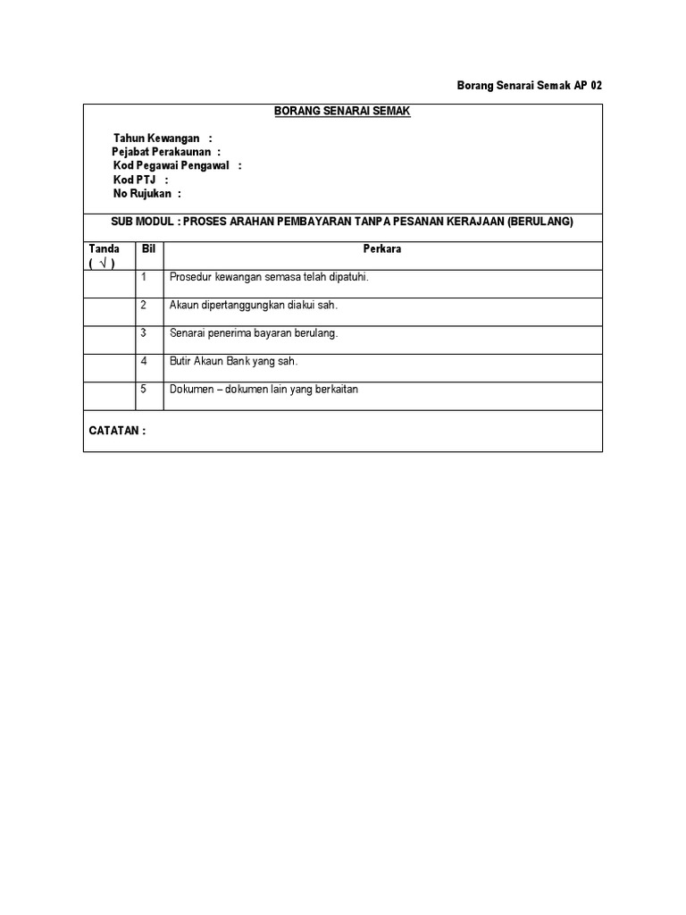 BORANG SENARAI SEMAK AP02-Tanpa Pesanan Kerajaan (Berulang) | PDF