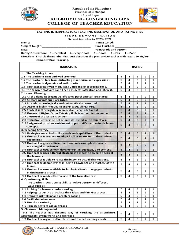 Teaching Intern Evaluation Form | PDF