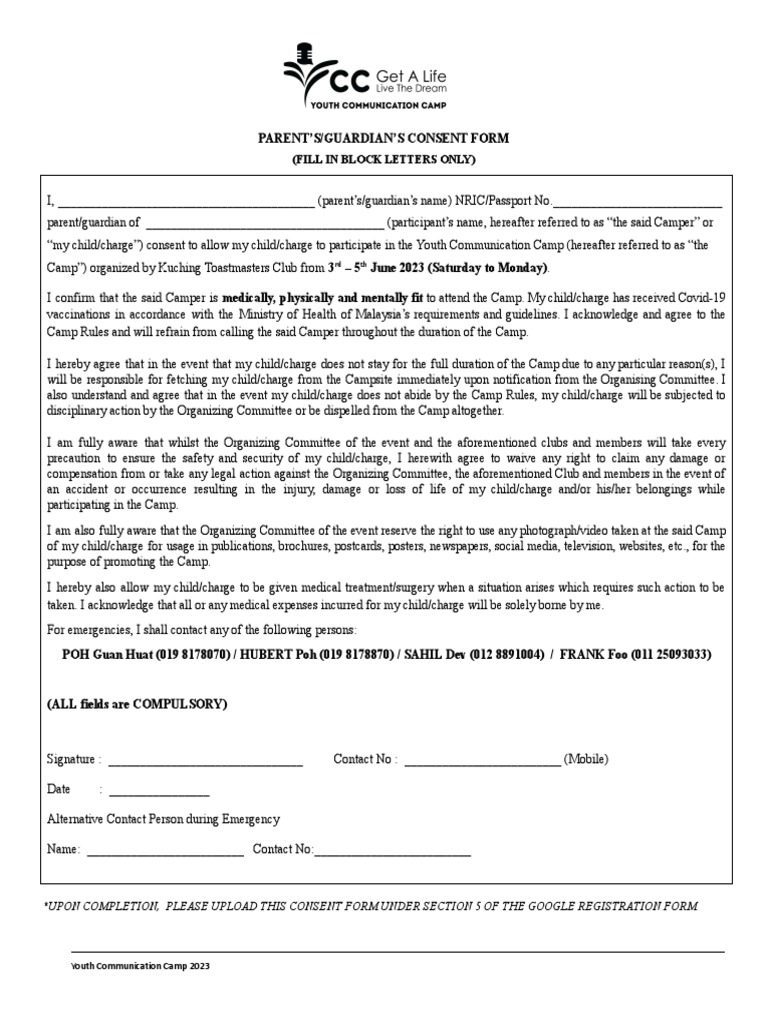 YCC 2023 Parent Consent Form | PDF