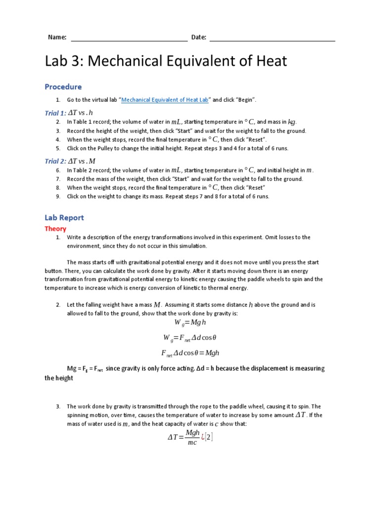 David Chen Lab 3 Mechanical Equivalent of Heat PDF Mass