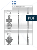 List of Tools and Equipment