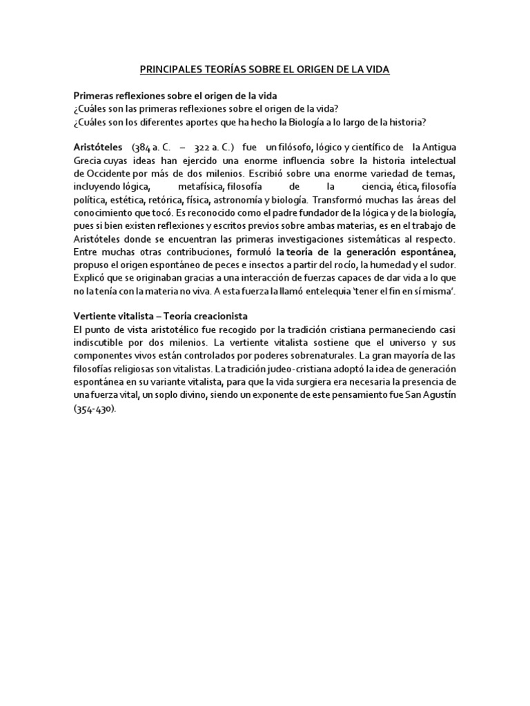 Principales Teorias Sobre El Origen de La Vida | PDF