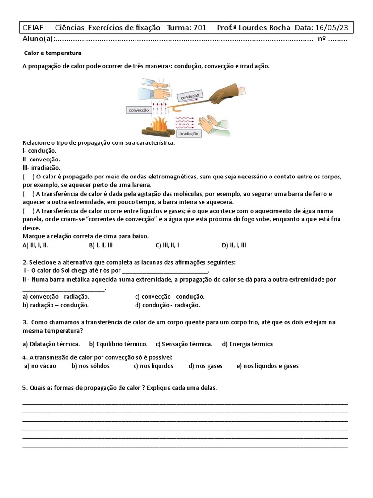 Atividades sobre Calor e Temperatura 7º Ano | PDF | Ciências e Matemática