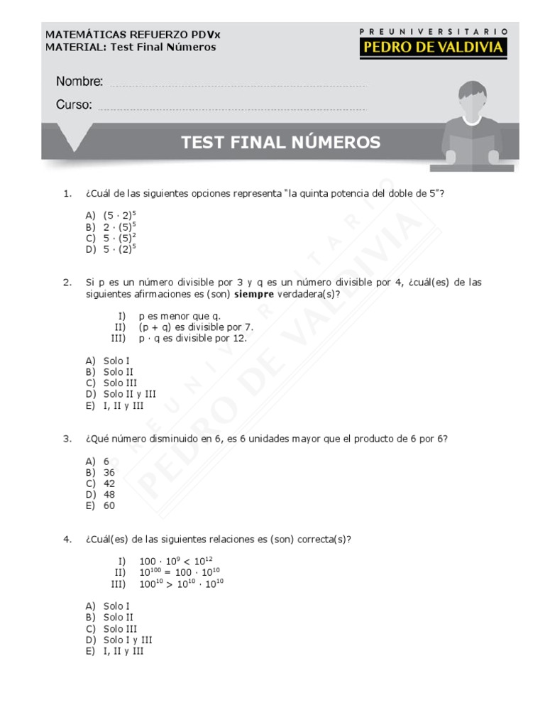Test Final de Matemáticas: Números y Operaciones | PDF