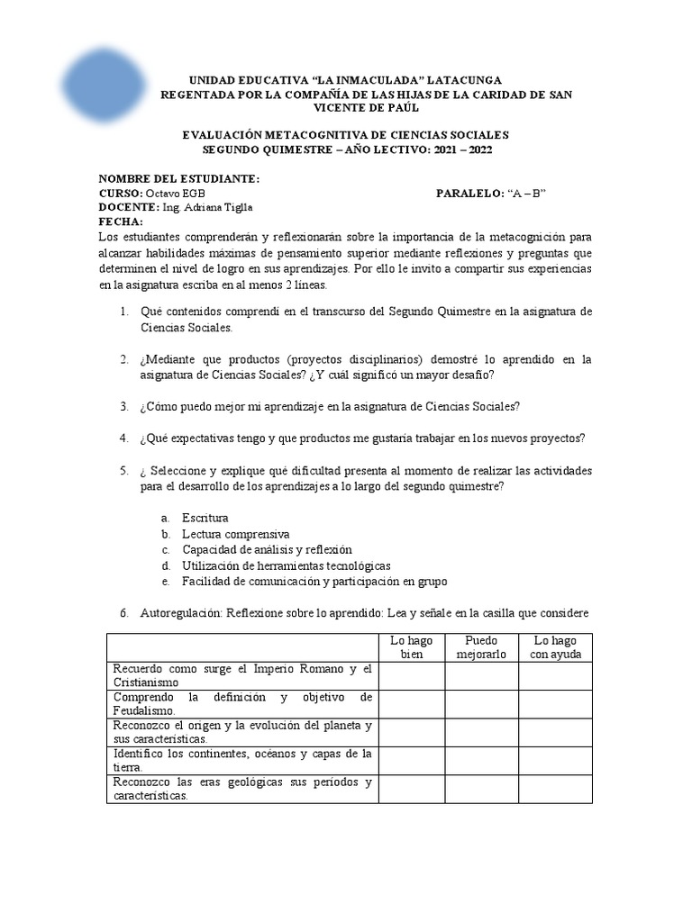 Evaluación Metacognitiva en Ciencias Sociales | PDF | Crecimiento ...