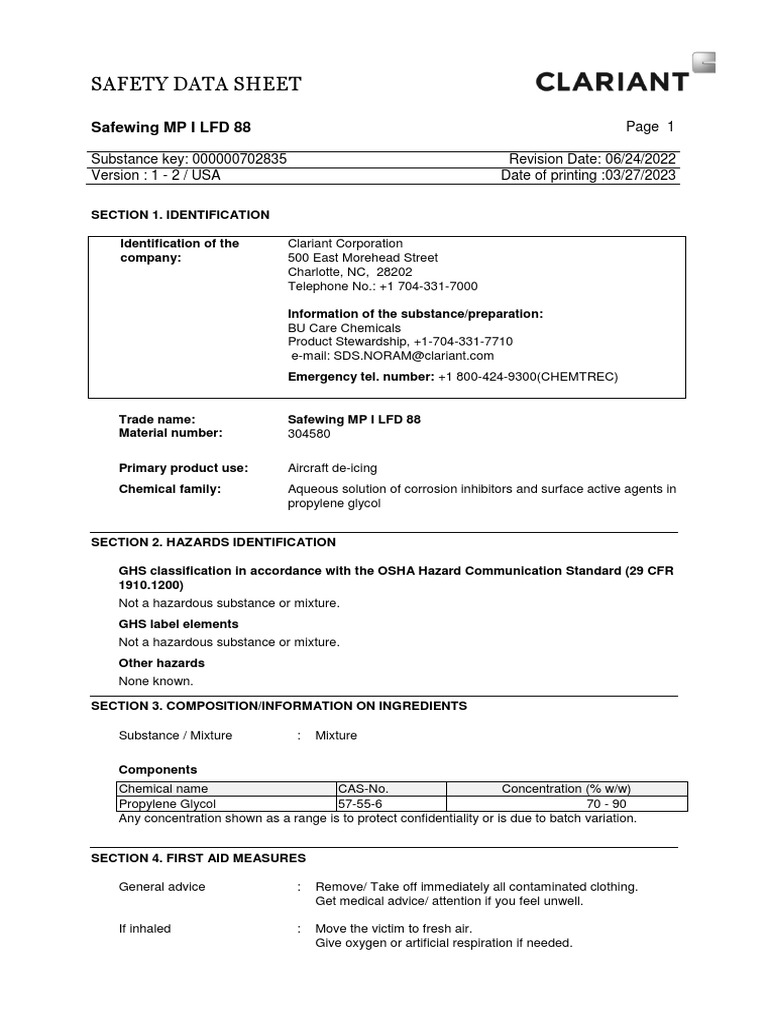 Clariant SDS Safewing MP I LFD 88 USA English PDF