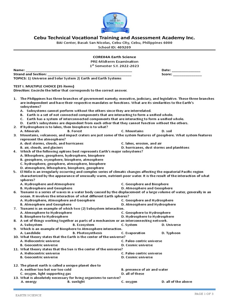 Earth Science Pre-Midterm Exam 2022 | PDF | Earth Sciences | Atmosphere