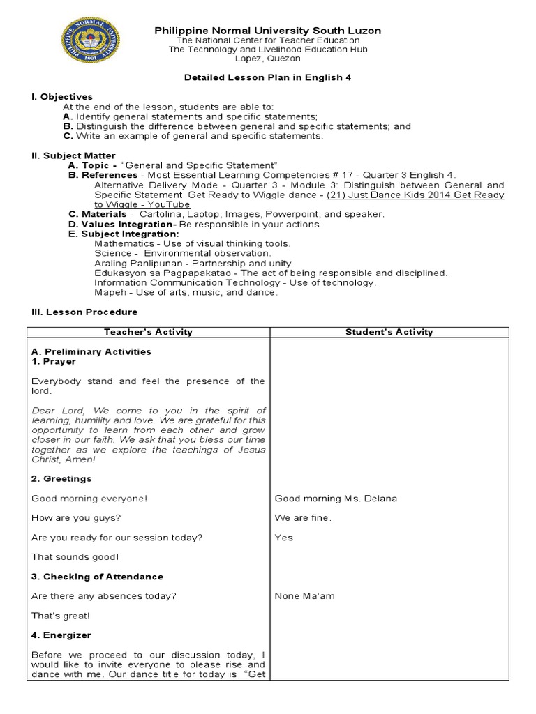 DETAILED LESSON PLAN IN ENGLISH 4 - JHOAN M. DELANA | PDF | Lesson Plan ...