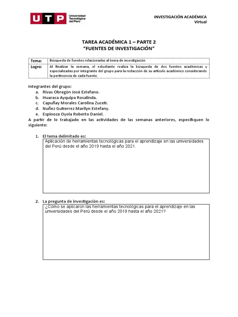 S5 - Formato Tarea Académica 1 - Parte 2 - Fuentes de Investigación | PDF