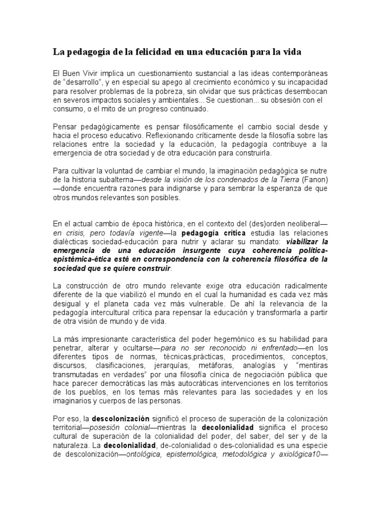 Pedagogía de la felicidad en educación | PDF | Política | Filosofía