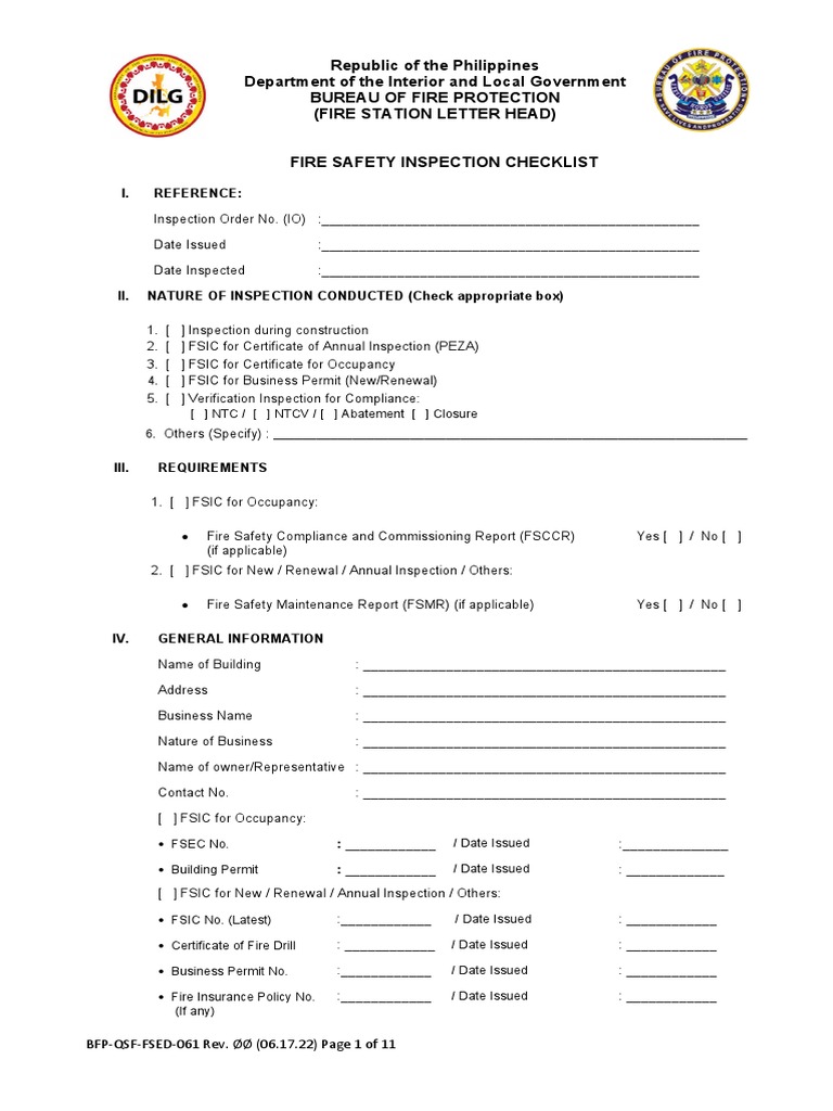 FSED 61F Fire Safety Inspection Checklist Rev.00 1 PDF Fire
