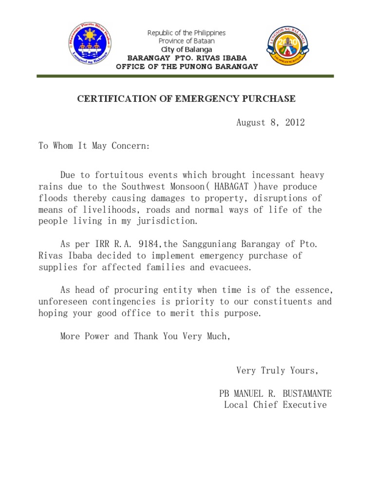 Certification of Emergency Purchase PDF