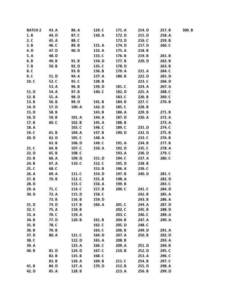 Batch 2 General Information - Answer Key (1-300) | PDF
