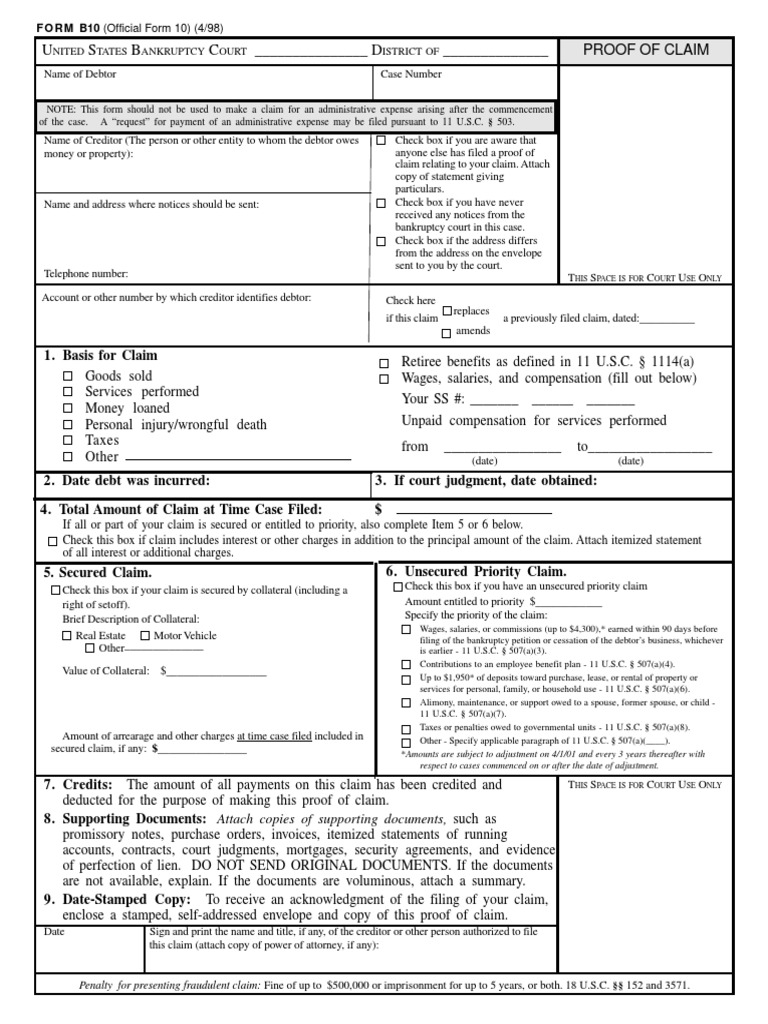 Official Form B10: Proof of Claim | PDF | Bankruptcy | Bankruptcy In ...