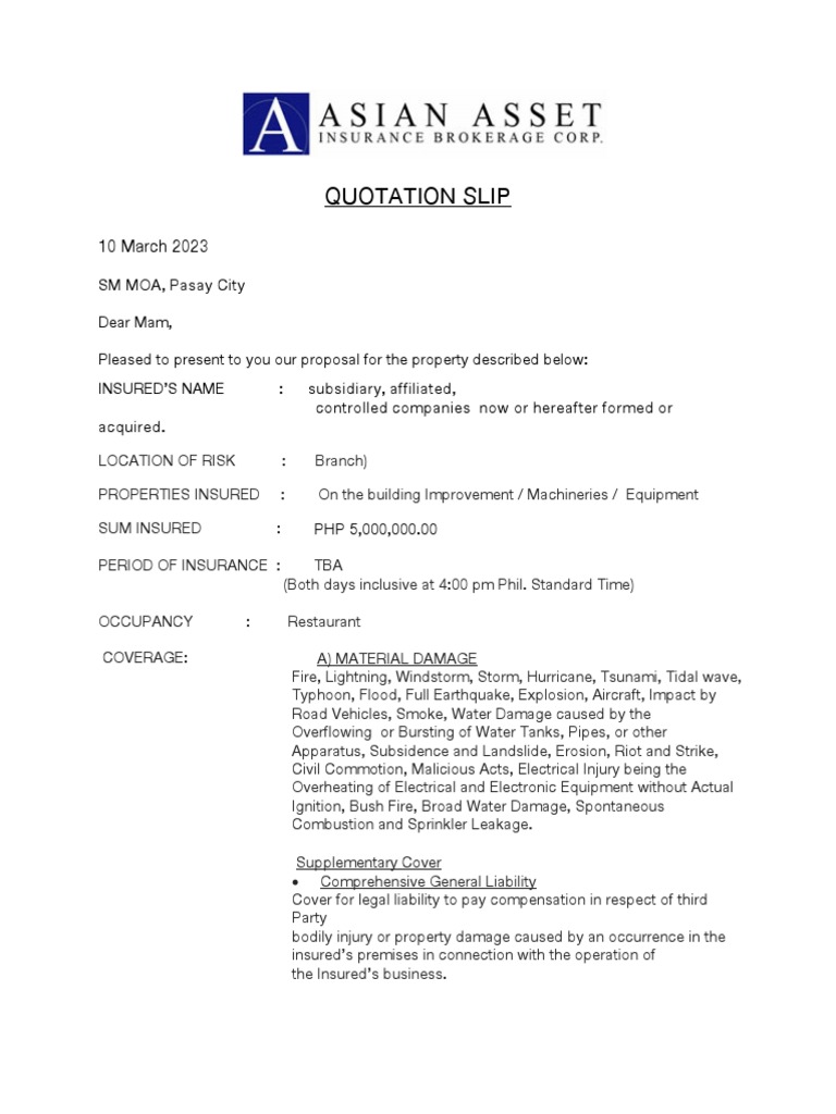 Insurance Quotation Sample PDF Insurance Liability Insurance