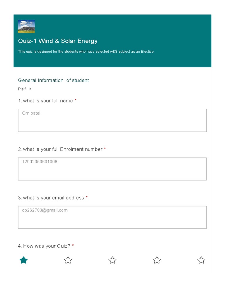 Quiz1 Wind & Solar Energy PDF